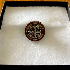 French Kande Swarovski Signet Ring with Saint Benedict Medallion (Ring Size 8)